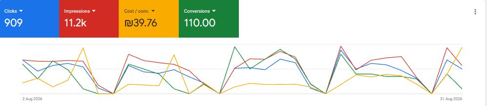צילום מסך מחשבון Google Ads – עסק בתחום מקרנים והגברה